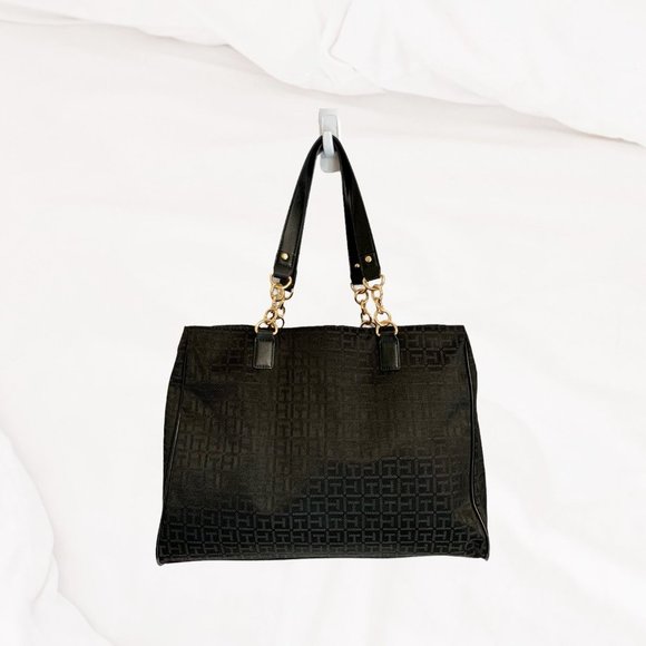 Tommy Hilfiger, Large, Black, T H Motif, Cloth Tote, Chain Handle - Picture 16 of 16